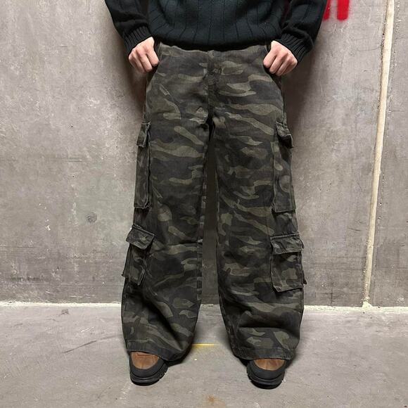 GREEN CAMO CARGOS Baggy y2k DENIM WAIST 34 FLAT - Picture 2 of 6